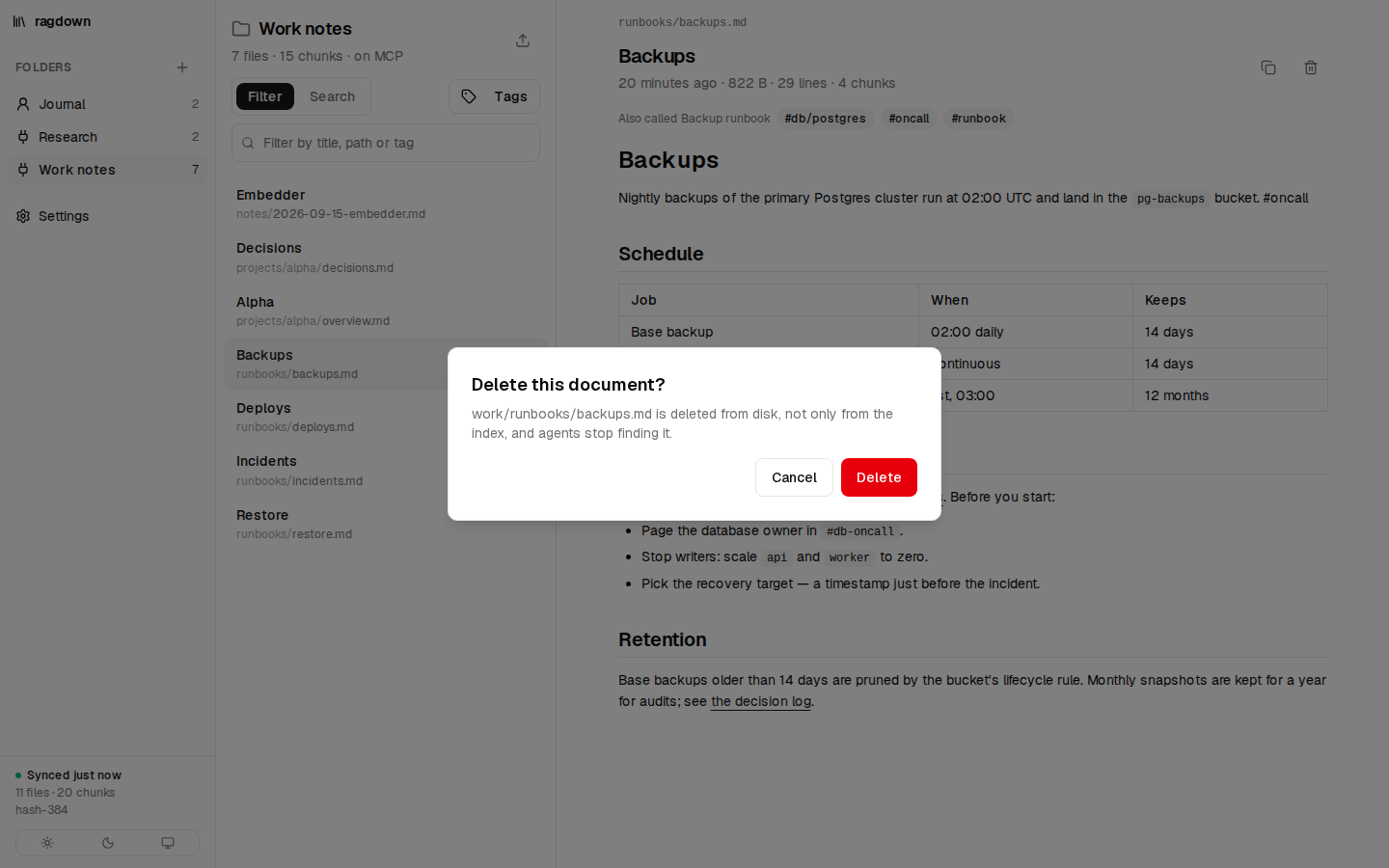 The confirmation shown before deleting runbooks/backups.md