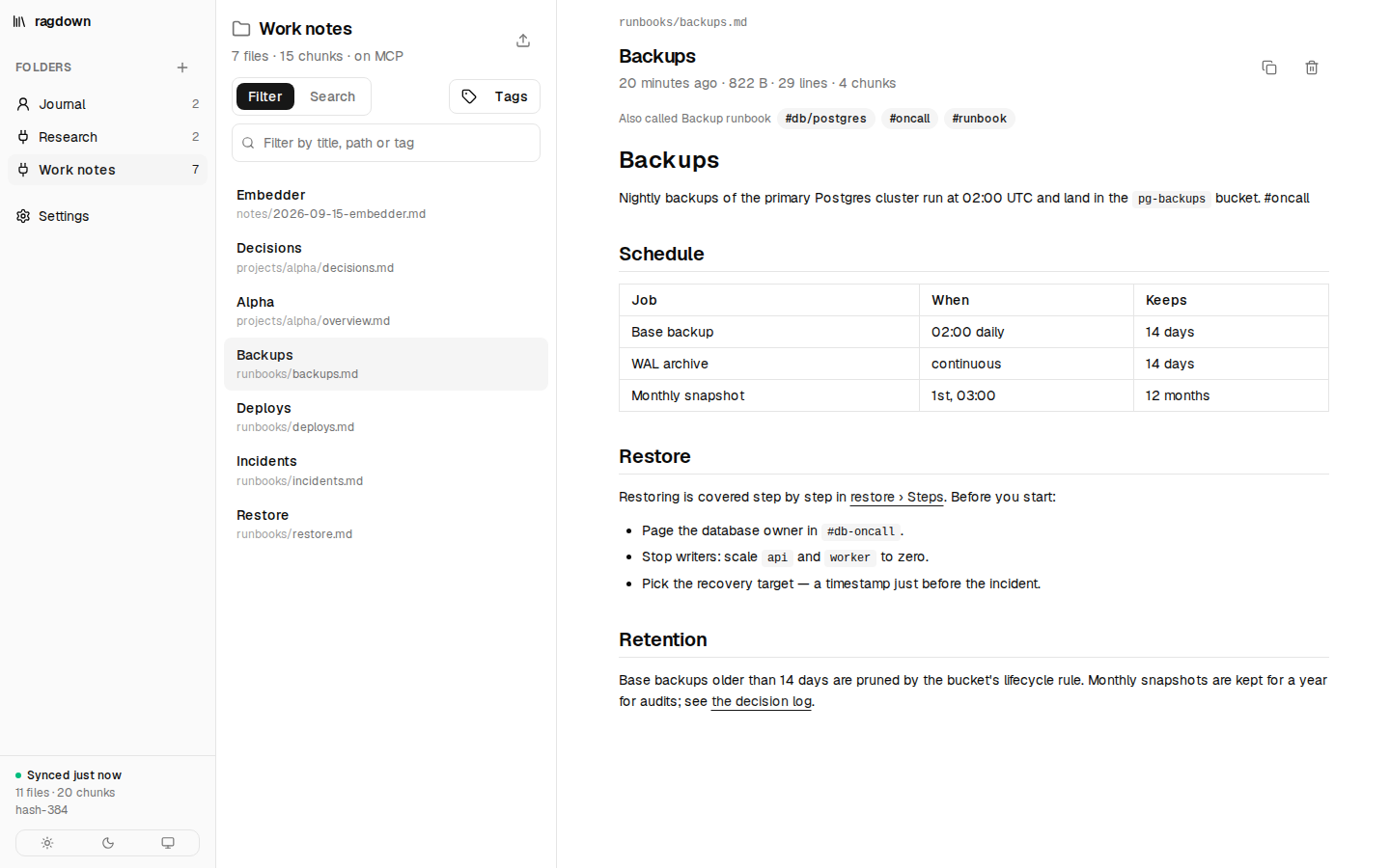 The work folder: its files on the left, runbooks/backups.md rendered on the right with its tags, a wikilink and its size, line and chunk counts