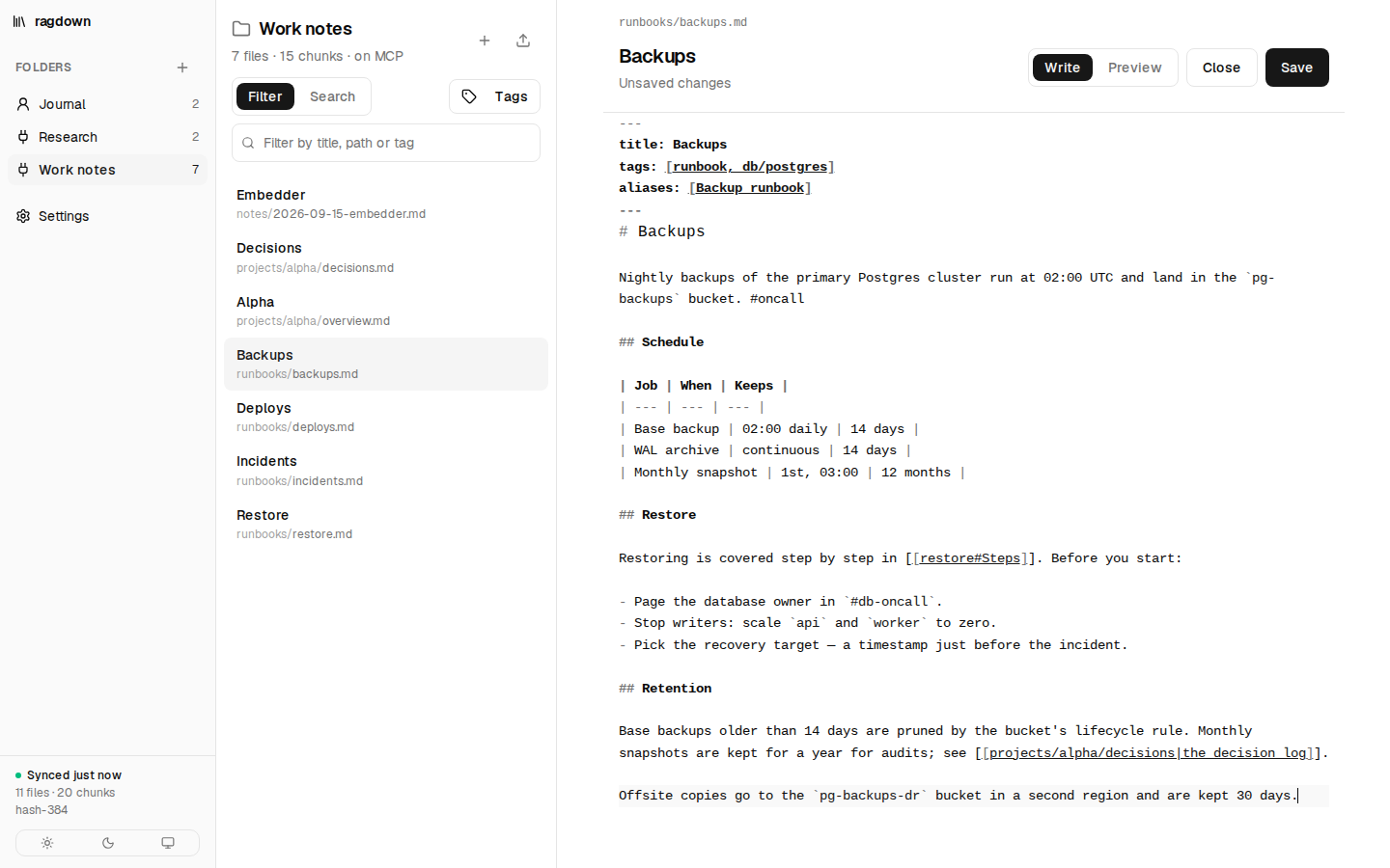 runbooks/backups.md open in the Markdown editor with an unsaved change