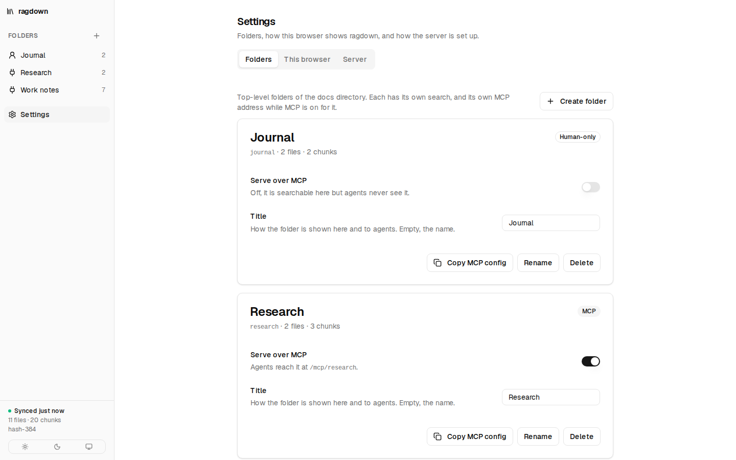 Settings, Folders tab: each folder with its MCP switch, title, Copy MCP config, Rename and Delete