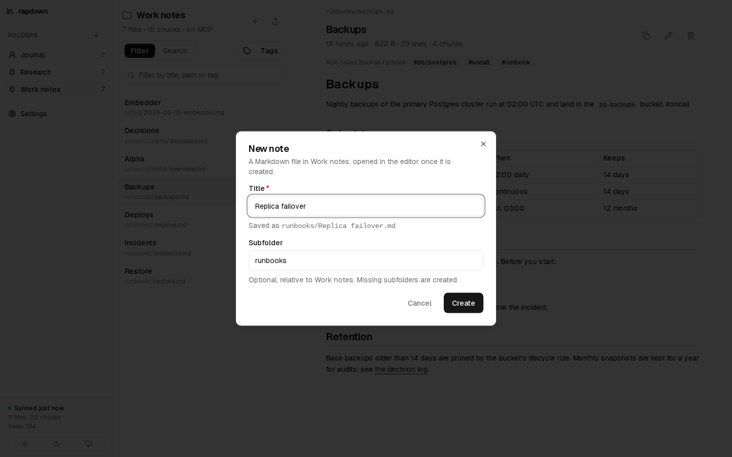 The New note dialog with a title and a subfolder