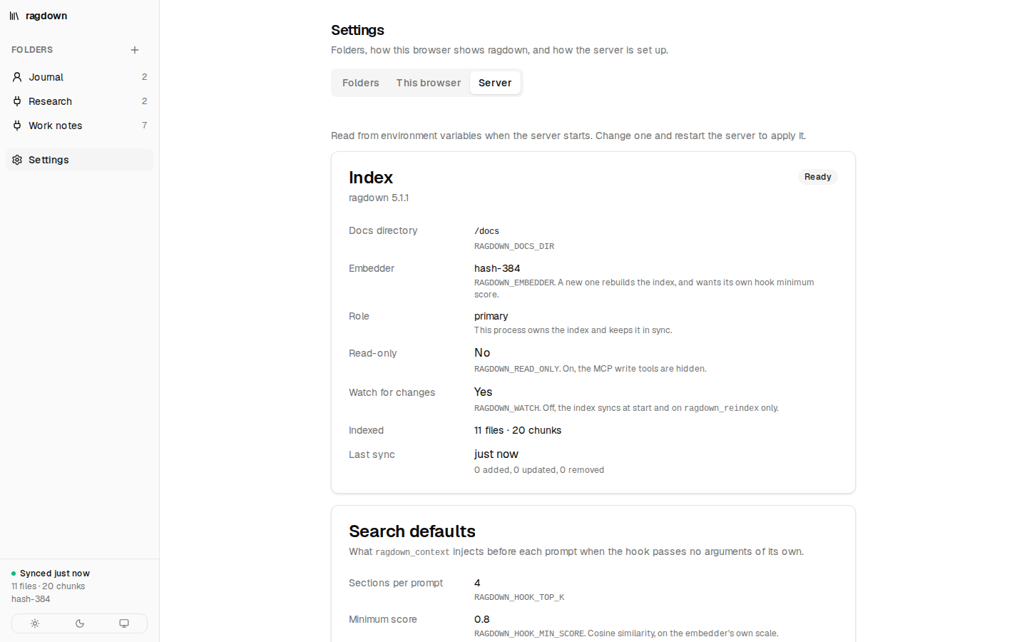 Settings, Server: the docs directory, embedder, role, read-only and watch flags and last sync, each with the environment variable that sets it