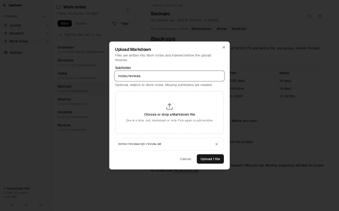 The Upload Markdown dialog with a subfolder and a picked file