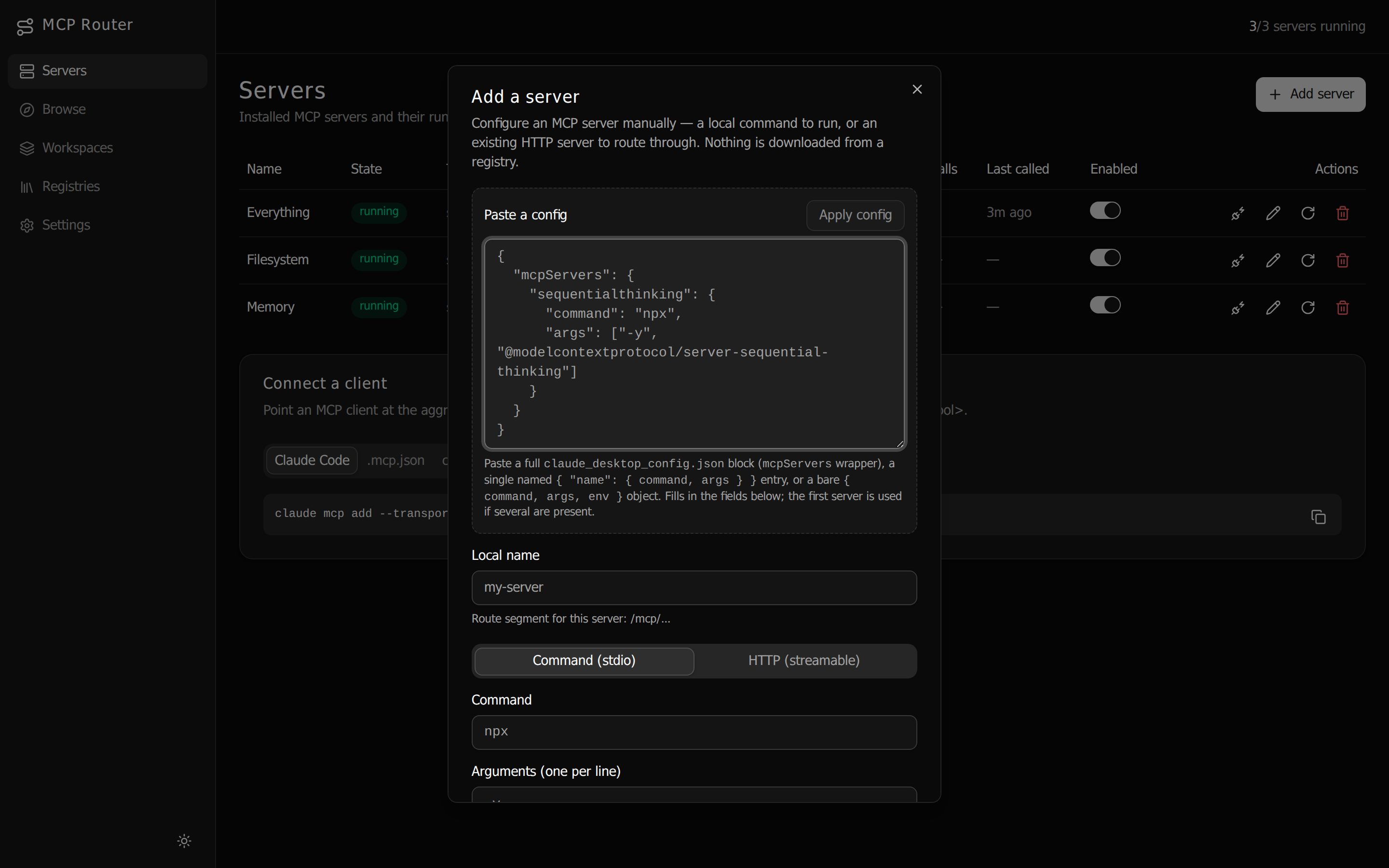 Add a server manually by pasting a command config or an HTTP URL