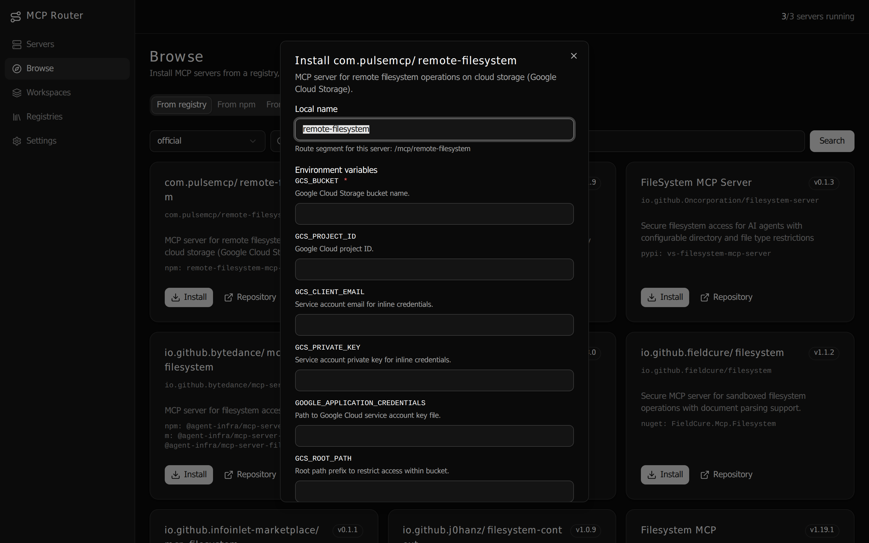Install dialog: pick a local name, package, and required environment variables