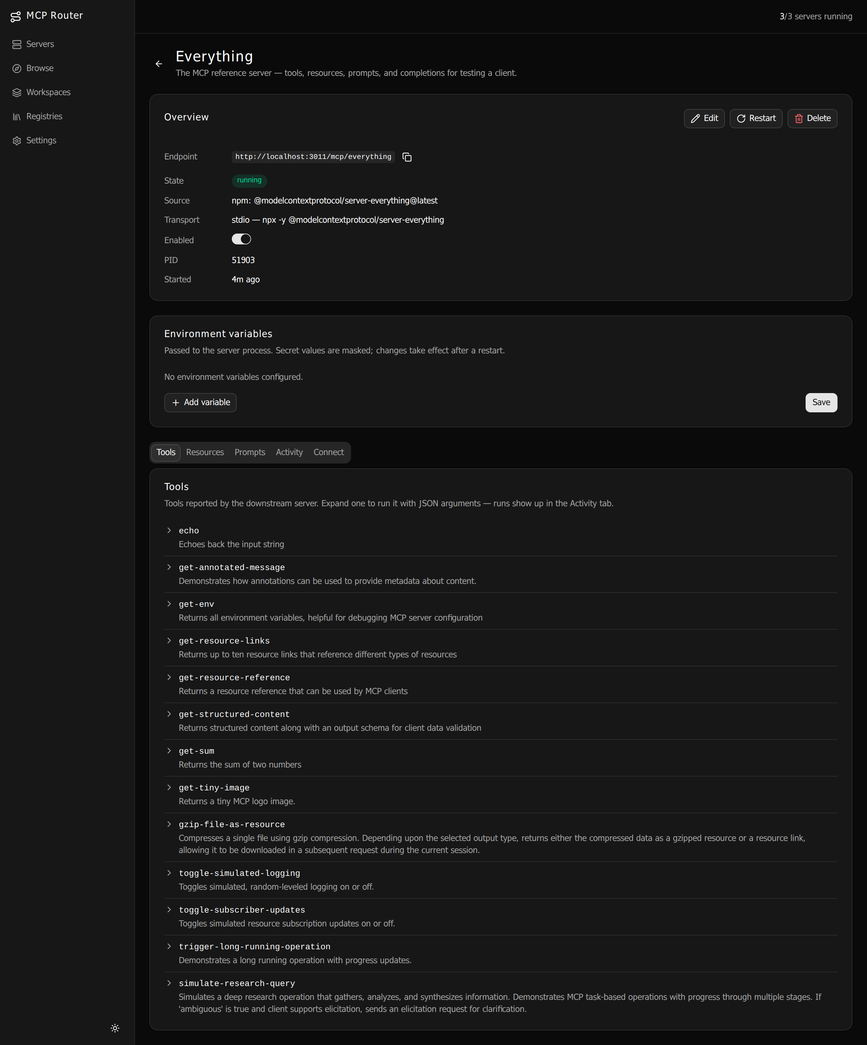 Server detail: endpoint URL, runtime state, an environment-variable editor, and the downstream tool list