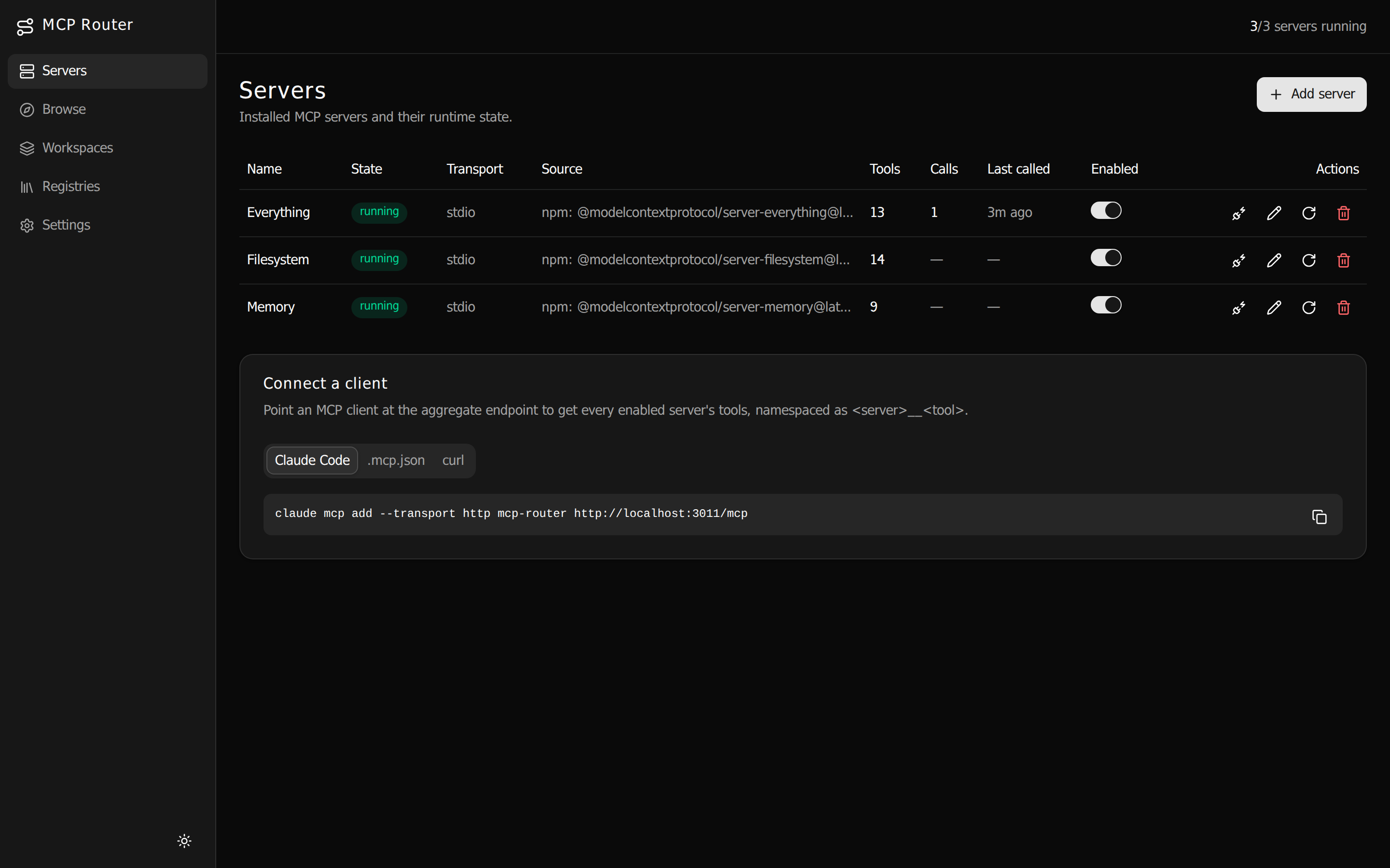 MCP Router — installed servers list with runtime state and a copyable client-connection snippet