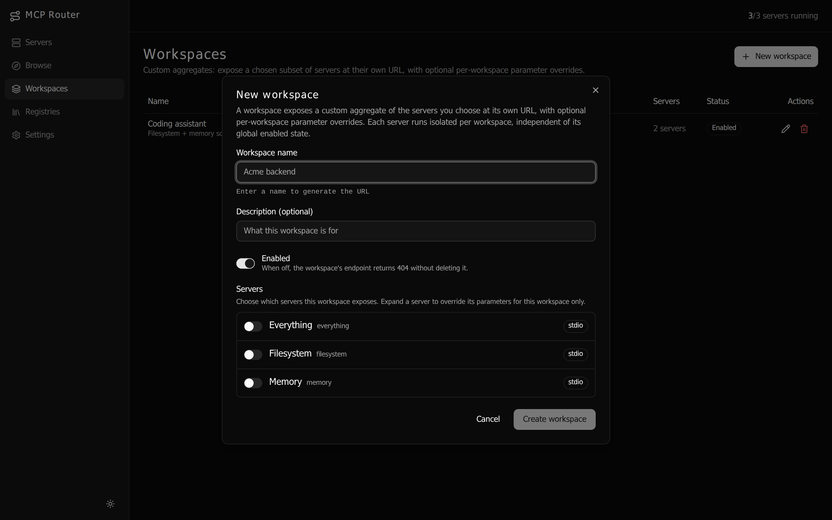 New workspace dialog — name, description, and per-server toggles