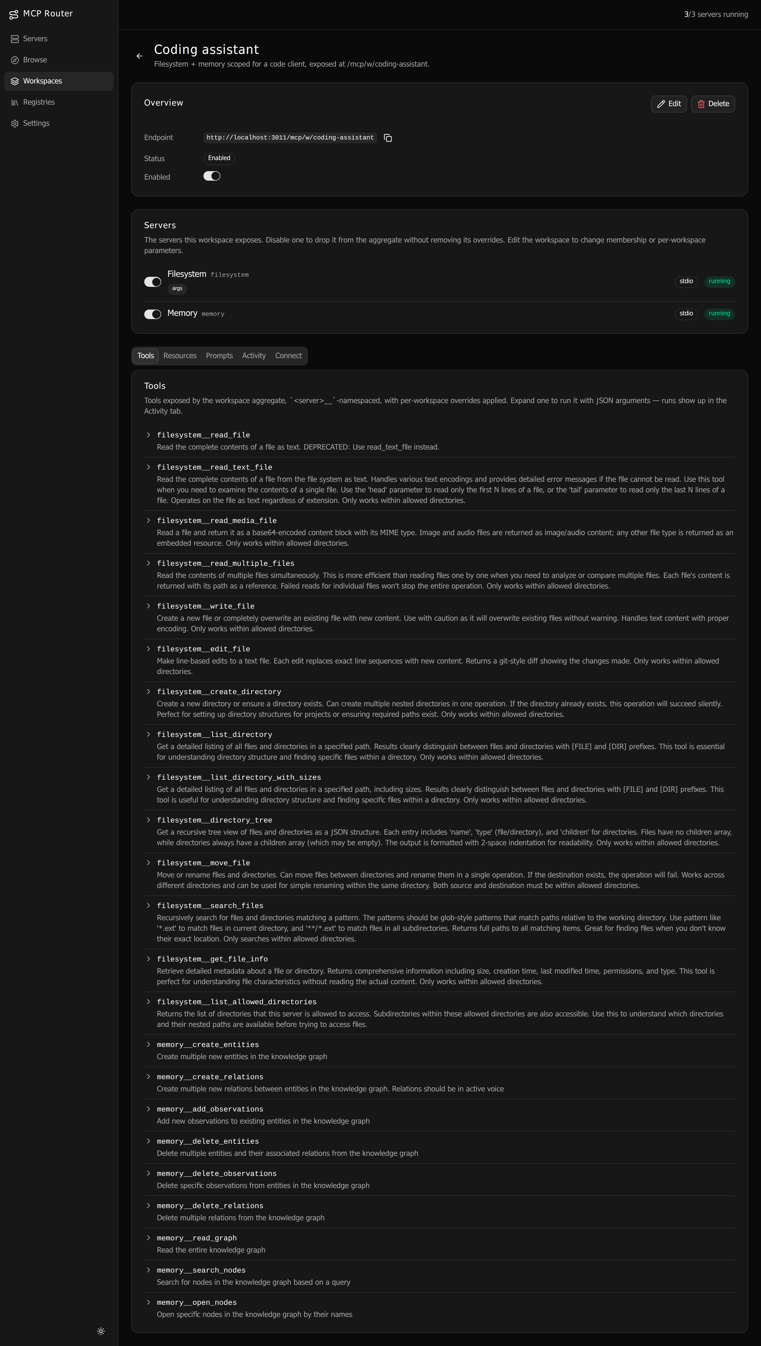 Workspace detail — endpoint, member servers, and namespaced tools
