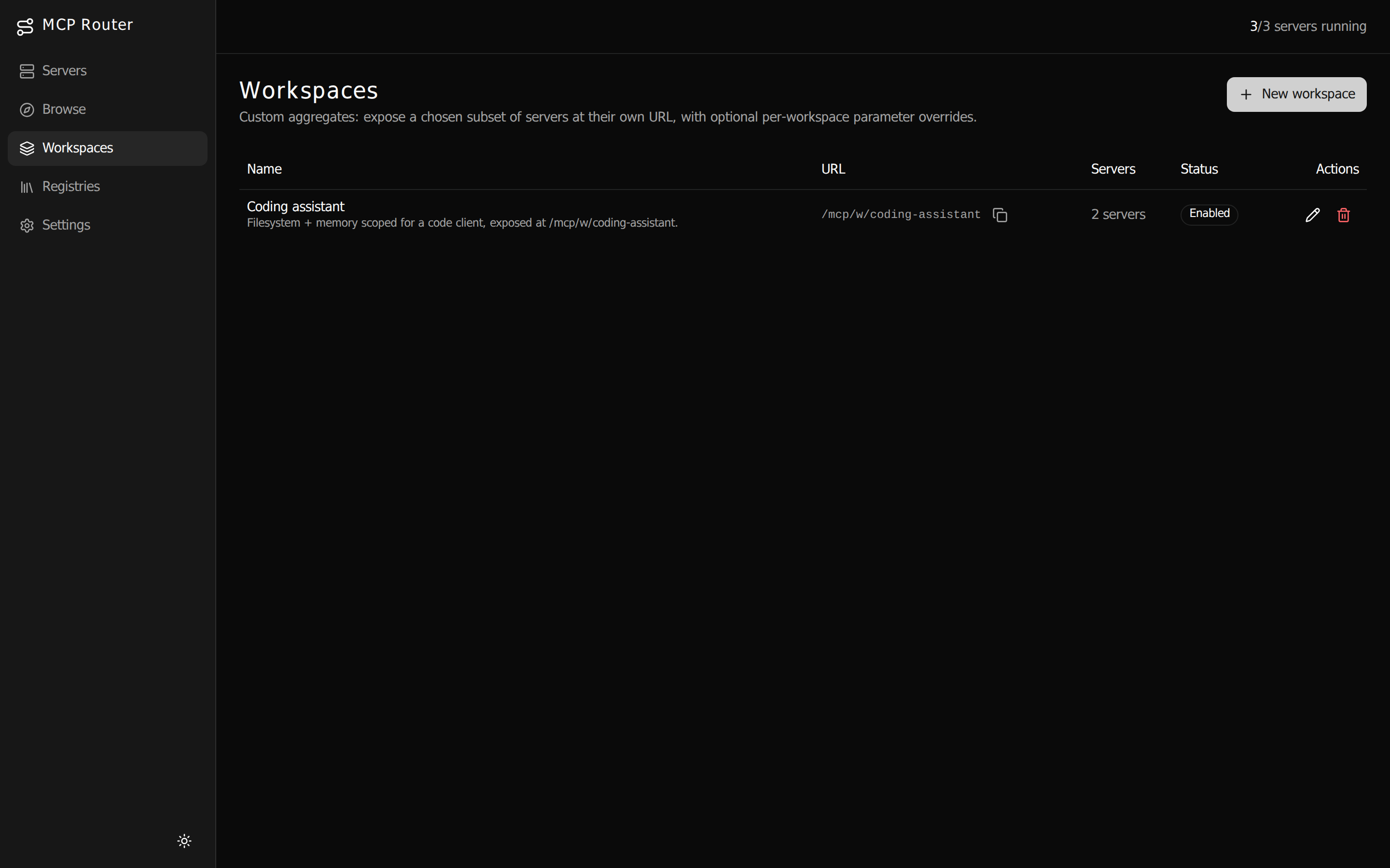 Workspaces page — custom aggregates, each exposing a chosen subset of servers at its own /mcp/w/<slug> URL
