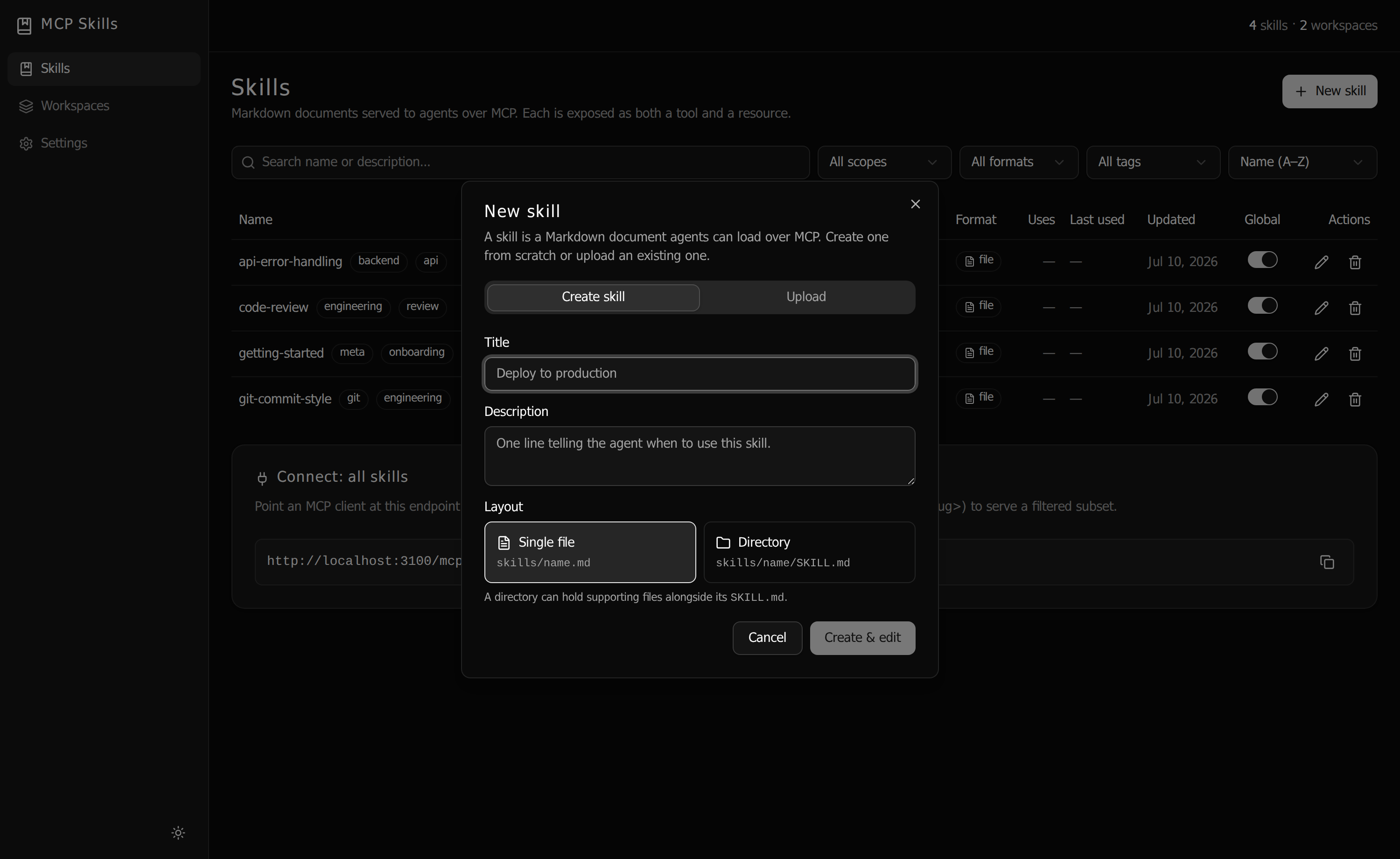 The New skill dialog with Create and Upload tabs, title, description, and layout options