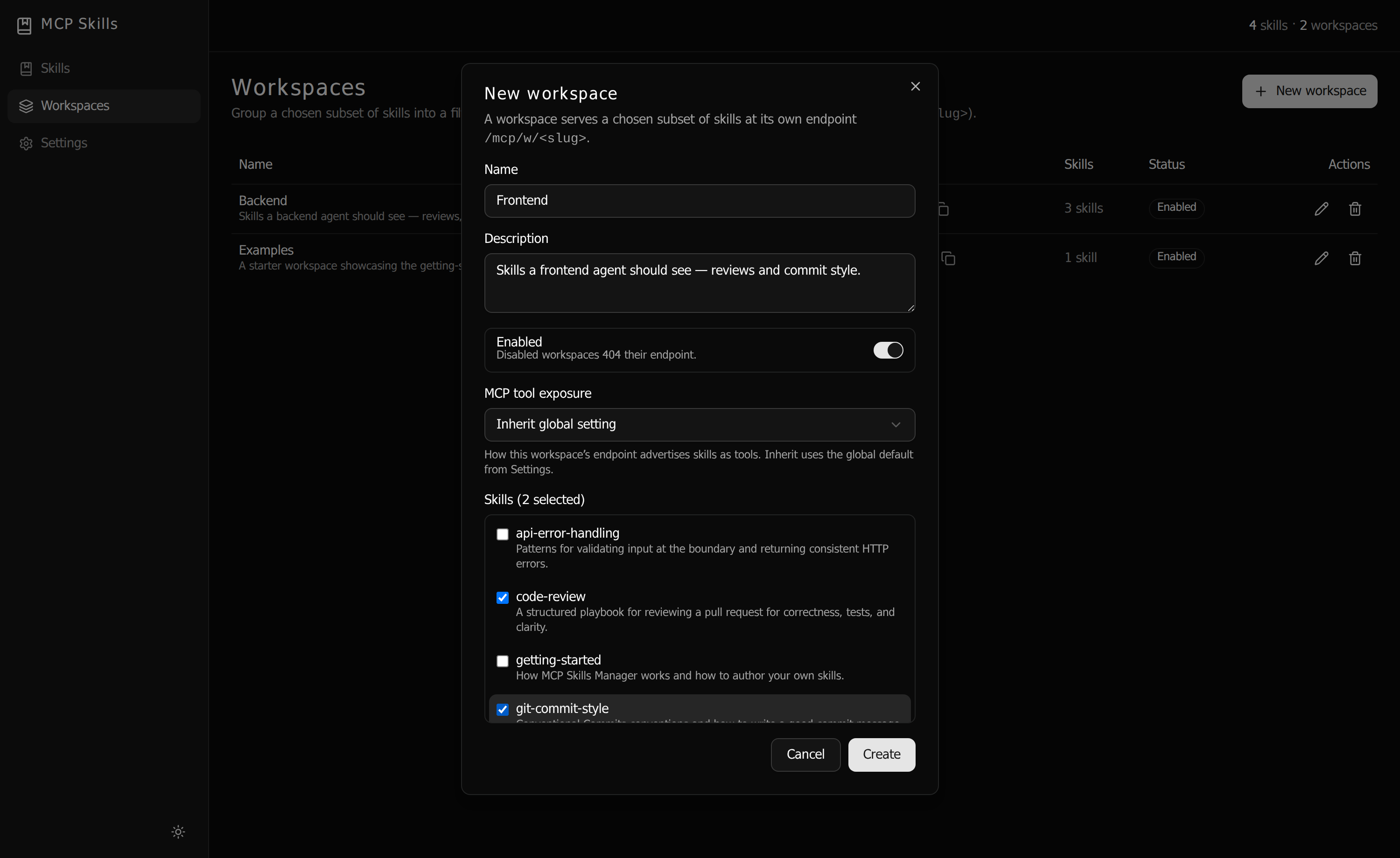 The New workspace dialog with name, description, and a checklist of skills to include