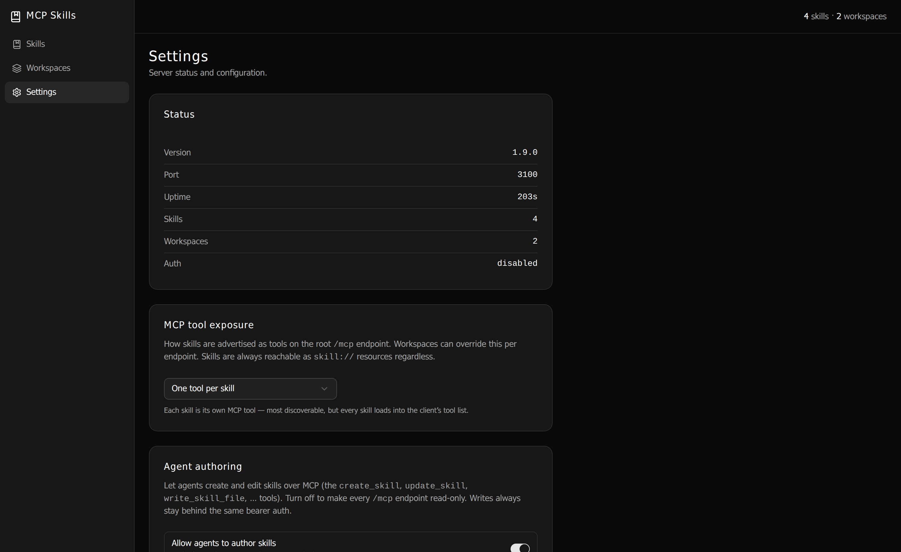 The Settings page showing status, MCP tool exposure, and agent authoring toggles