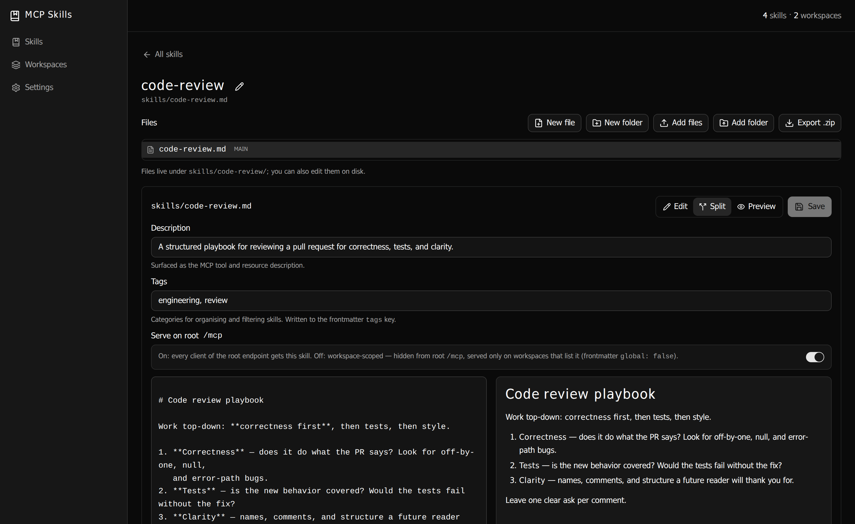 Split-pane markdown editor with source on the left and rendered preview on the right