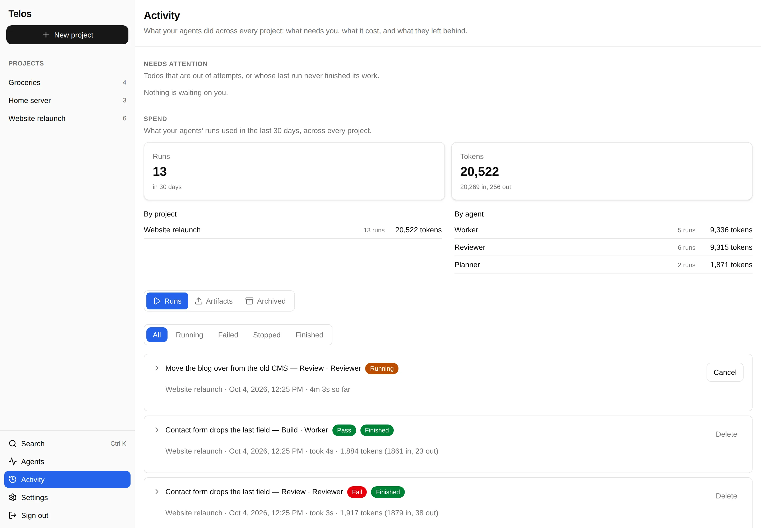 Activity: what needs you, runs and tokens by project and by agent, and recent runs.